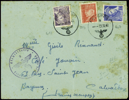 N°413 + 407 + 514 obl CAD "Feldpost" (1.11.42) sur