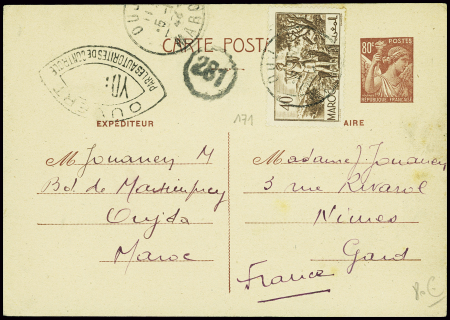 Maroc n°171 obl Oujda (1944) sur entier CP 80c Iri