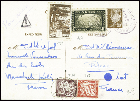 Maroc n°137 + 182 obl Marrakech Gueliz (1942) sur