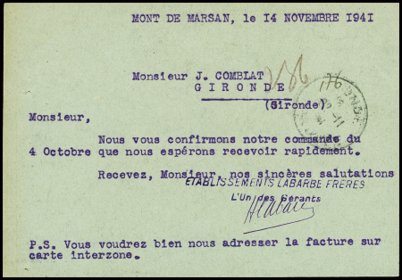 CP 80c Pétain rouge sur vert Correspondance commer