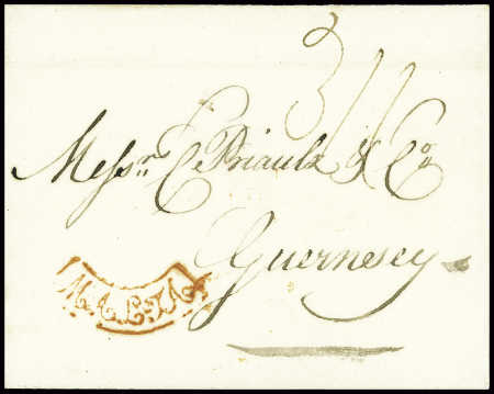 Lettre sans taxte pour Guernesay avec marque cintr