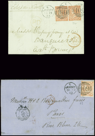 2 lettres : GB n°32 en paire obl "109" + CAD "Jers