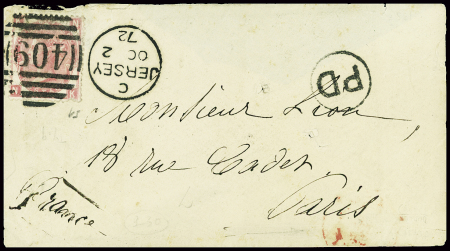 GB n°51 obl "409" + CAD "Jersey" (1872) sur lettre