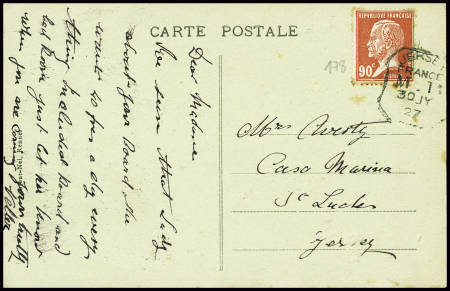 N°178, 90c Pasteur obl CAD rect tombstone "Jersey 