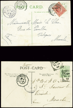 2 CP AFF GB n°107 obl Guernsey (1905) et n°106 obl