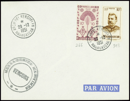 Madagascar n°266 + 318 obl CAD "Archipel Kerguelen