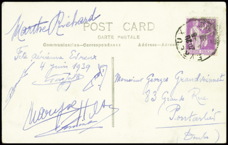 Poste n°281 obl Evreux (4.6.1939) sur CP de la fêt