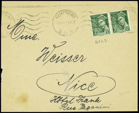 N°414B 50c Mercure en paire obl Aix en Provence (1