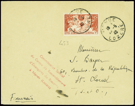 N°453 obl Mende Lozère (30.5.40) sur lettre avec g