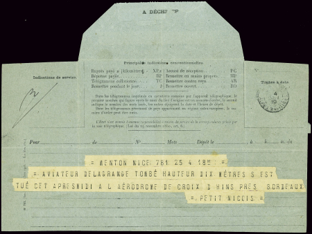 Télégramme du Petit Niçois "Aviateur Delagrange to