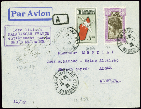 Madagascar n°168 + PA n°5A obl Tananarive RP (16.3