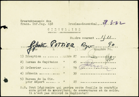 Feuille de contrôle ronéotypée du 638e RI (LVF) da