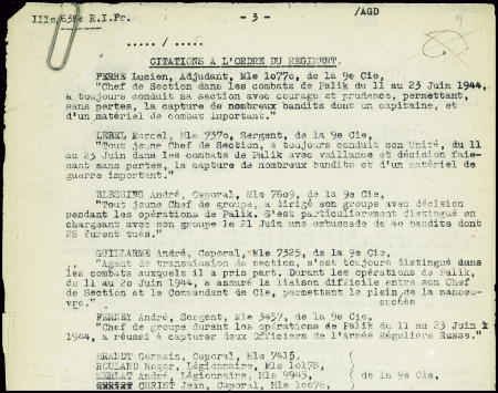 Tapuscrit de 5 pages : citations à l'ordre de la L