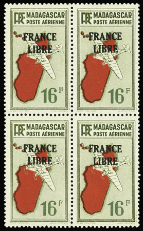 POSTE AERIENNE n°50 16f vert olive, bloc de 4, avec
