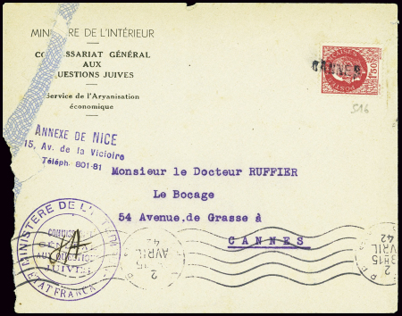 N°516 obl linéaire "Cannes" sur lettre (défaut d'o