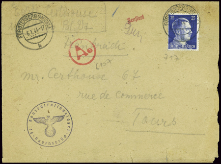 Allemagne n°717 obl Furstenberg (1944) sur lettre 