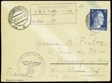Allemagne n°717 obl Furstenberg (22.4.1944) sur ca