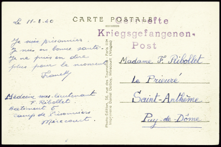 CP illustrée de Mirecourt (Vosges 11.8.40) avec gr