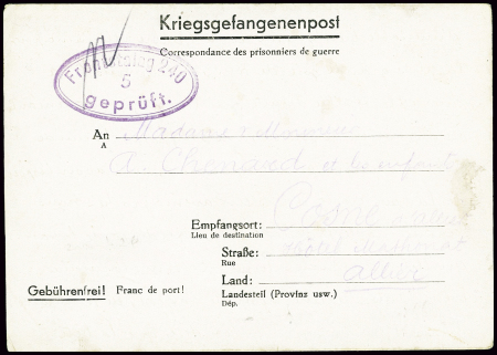 Formule Kriegsgefangenenpost avec cachet ovale vio