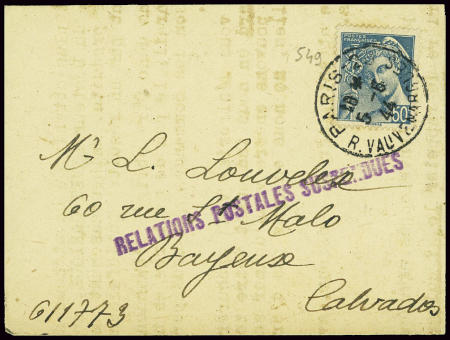 N°549 50c Mercure obl Paris 20 R. Vauvenargues (5.