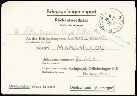 Formule de réponse adressée à l'Oflag XB avec CAD 