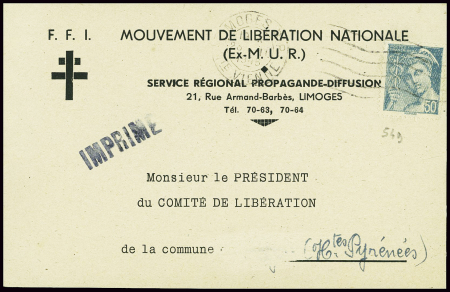N°549 obl Limoges (1945) sur CP à en-tête "FFI mou