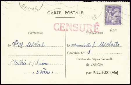 N°651 obl St Vallier Drôme sur CP pour le centre d