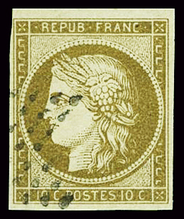 N°1 10c bistre-jaune obl étoile, TB. Signé Calves