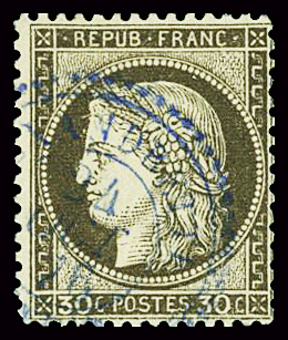 N°56 30c brun obl. Alexandrette en bleu, TB