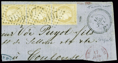 N°59 15c bistre bande de 3 obl. GC 5107 Tunis, TB