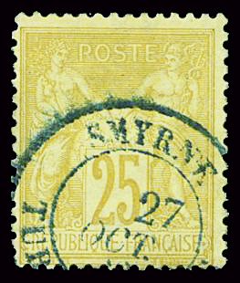 N°92 25c bistre sur jaune obl. Smyrne en bleu, TB 
