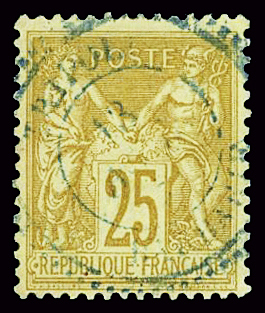 N°92 25c bistre sur jaune obl. Tripoli en bleu, TB