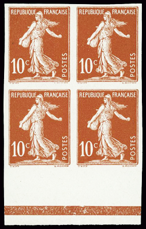 N°134b 10c Semeuse, variété non dentelé, en bloc d