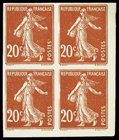 N°139 20c Semeuse, essais en rouge, en bloc de 4 ,