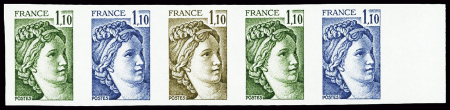 N°2058 1f10 Sabine, en bande de 5 essais de couleu