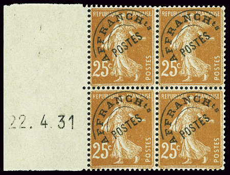 PREOBLITERES N°57a 25c Semeuse jaune-brun, variété