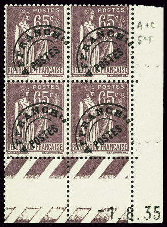 PREOBLITERES N°73 65c Paix 1.8.35 (2ex*), neufs **