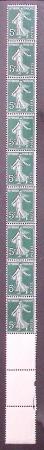 N°1 5c Semeuse vert, en bande de 9 timbres tenant 