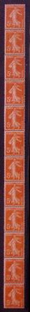 N°5 5c Semeuse orange, en bande verticale de 12 ti