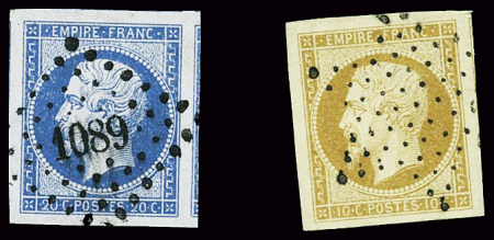 N°13A 10c bistre oblitération étoile, + N°14A 20c bleu
