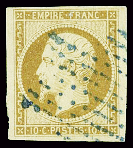 N°13A 10c bistre oblitération étoile bleue, bien margé,