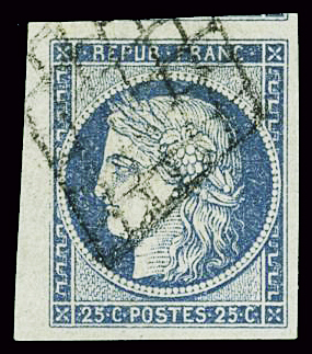 N°4 25c bleu, petit bord de feuille et voisin, obl.