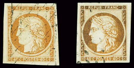N°5 40c orange, deux exemplaires : obl. grille sans
