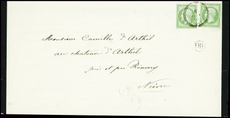 N°12 5c. vert, 2 ex. obl. càd T22 s. Faire-part, a
