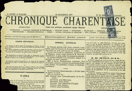 N°83 BANDE de 3 obl. TYPO s. Journal CHRONIQUE CHA