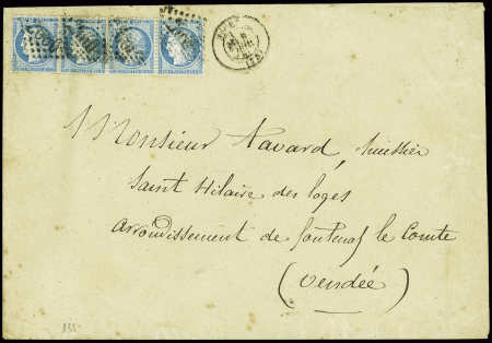 N°37 20c. bleu, BANDE de 4 obl. GC 2660 s. Env., c
