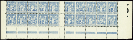 N°101 15c. bleu, BLOC de 20 interp., neuf **, froi