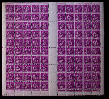 N°77 Paix, 1f.40 lilas, FEUILLE de 100, CD 2/2/39,