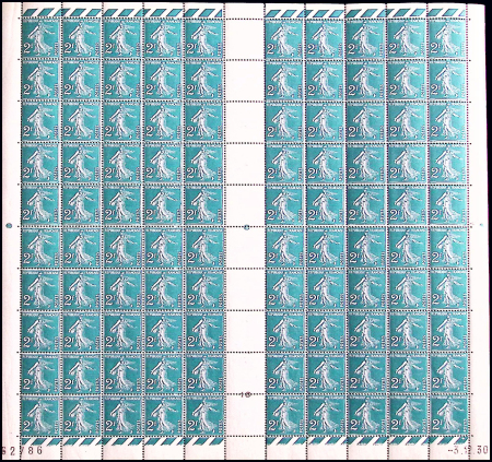 N°239 Semeuse Camée,  2f. vert-bleu, FEUILLE de 10