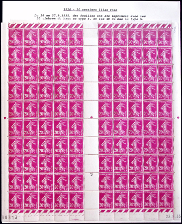 N°190 Semeuse Camée, 20c. lilas-rose, FEUILLE de 1